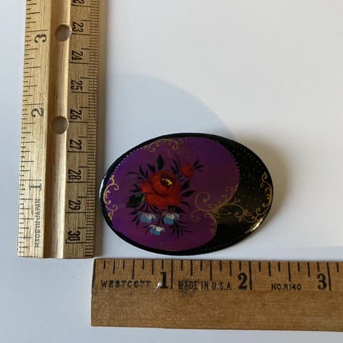 Vintage Russian Hand Painted Lacquered Floral Brooch Hand Signed - Thumbnail 2