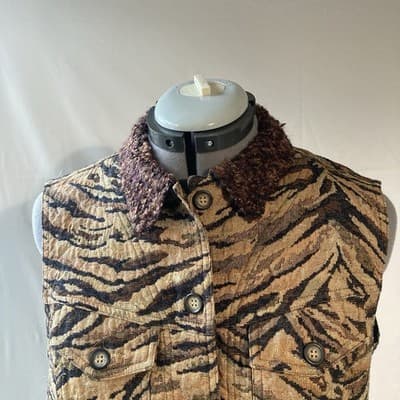 Vintage Y2K Coldwater Creek Tiger Tapestry Vest Jacket Fuzzy Collar Mob Wife M - Thumbnail 2
