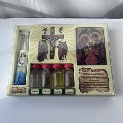 Holy Land Home Blessing Kit Byzantine Icon Cross Candles Sacred Bottles Set - Thumbnail 2