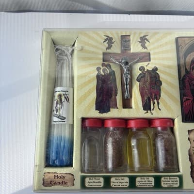 Holy Land Home Blessing Kit Byzantine Icon Cross Candles Sacred Bottles Set - Thumbnail 3