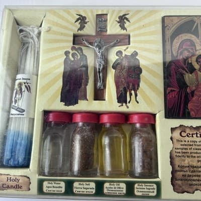 Holy Land Home Blessing Kit Byzantine Icon Cross Candles Sacred Bottles Set - Thumbnail 4