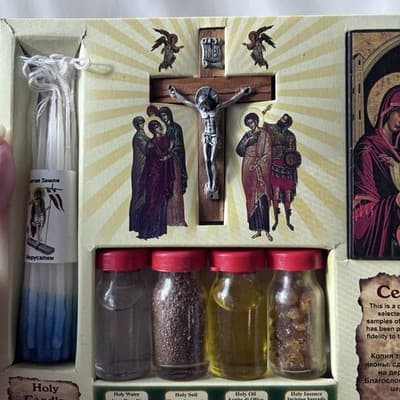 Holy Land Home Blessing Kit Byzantine Icon Cross Candles Sacred Bottles Set - Thumbnail 20