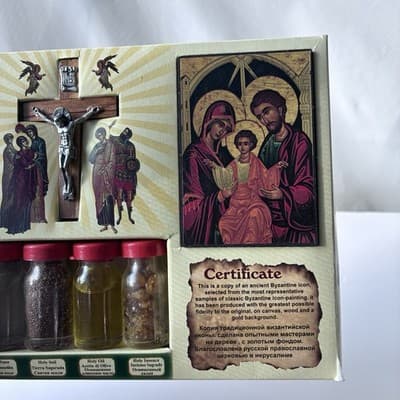 Holy Land Home Blessing Kit Byzantine Icon Cross Candles Sacred Bottles Set - Thumbnail 21