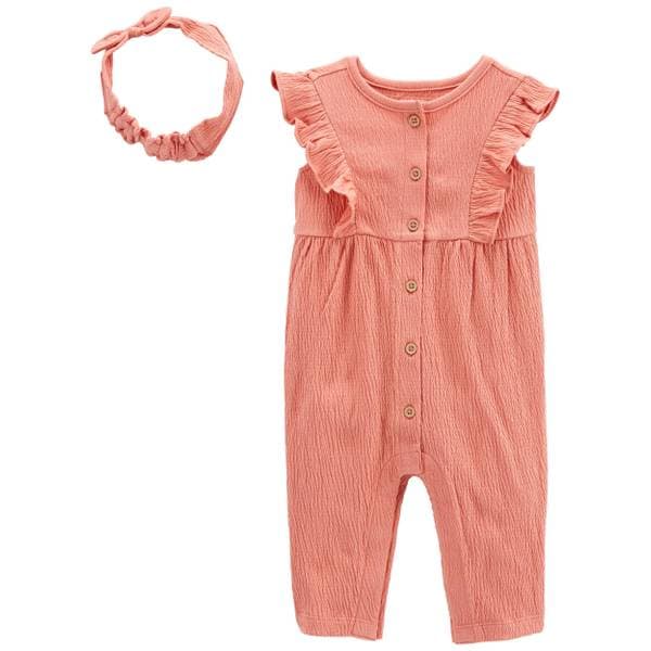Carter's Baby Girls Crinkle Jersey Jumpsuit and Headwrap, 2 Piece Set - Pink - Thumbnail 4
