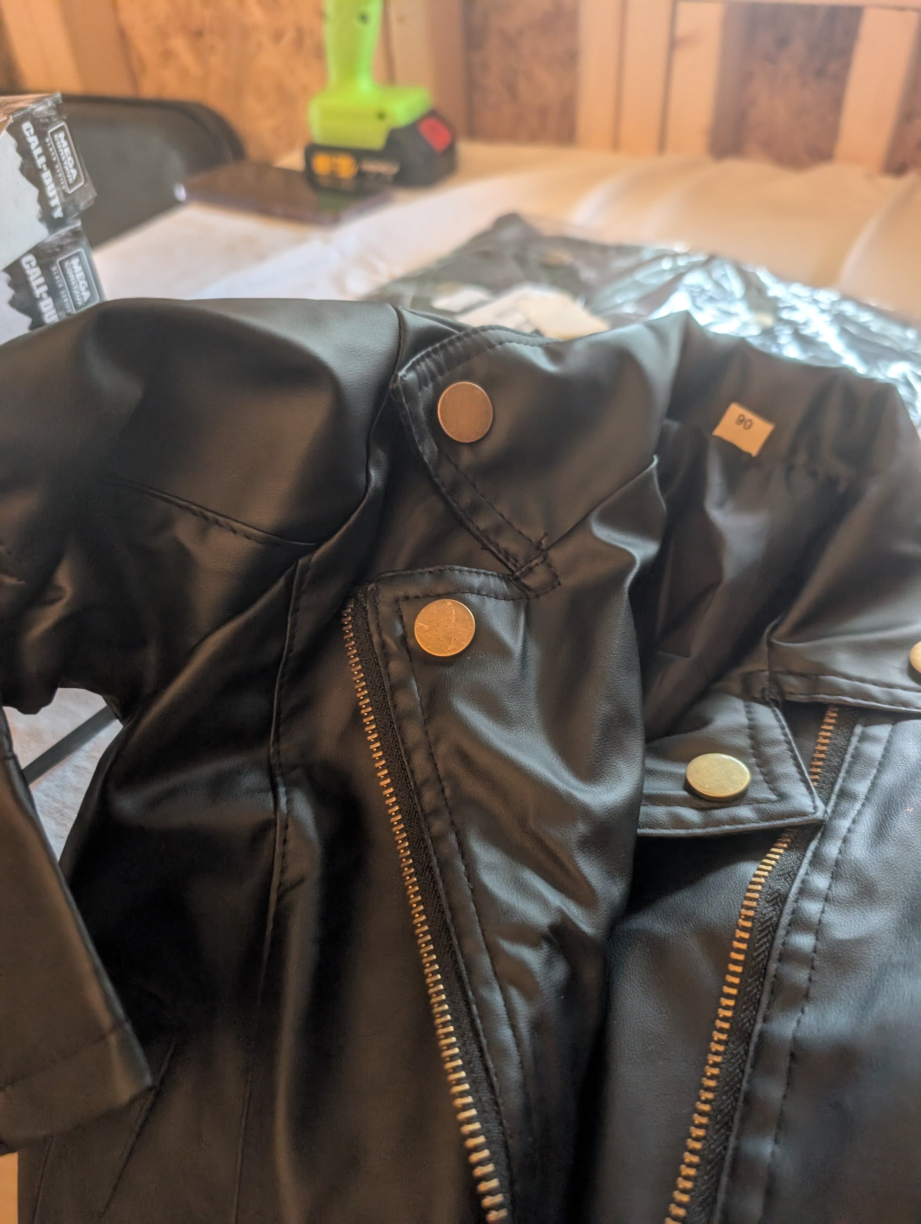 Children's Faux Leather Biker Jacket Black Size 90 - Thumbnail 3
