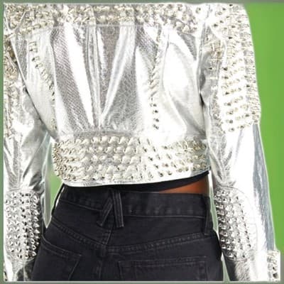 SILVER STUDDED SILVER Faux LEather 80's ROCK N ROLL JACKET NEW VINTAGE STYLE - Thumbnail 2