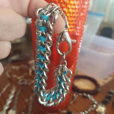 Teal Vintage 3Link Silver Chain Braclet With Crystal Acent Heavy Statement Rope - Thumbnail 4