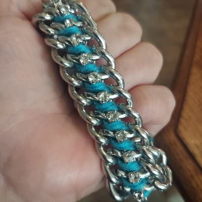Teal Vintage 3Link Silver Chain Braclet With Crystal Acent Heavy Statement Rope - Thumbnail 7