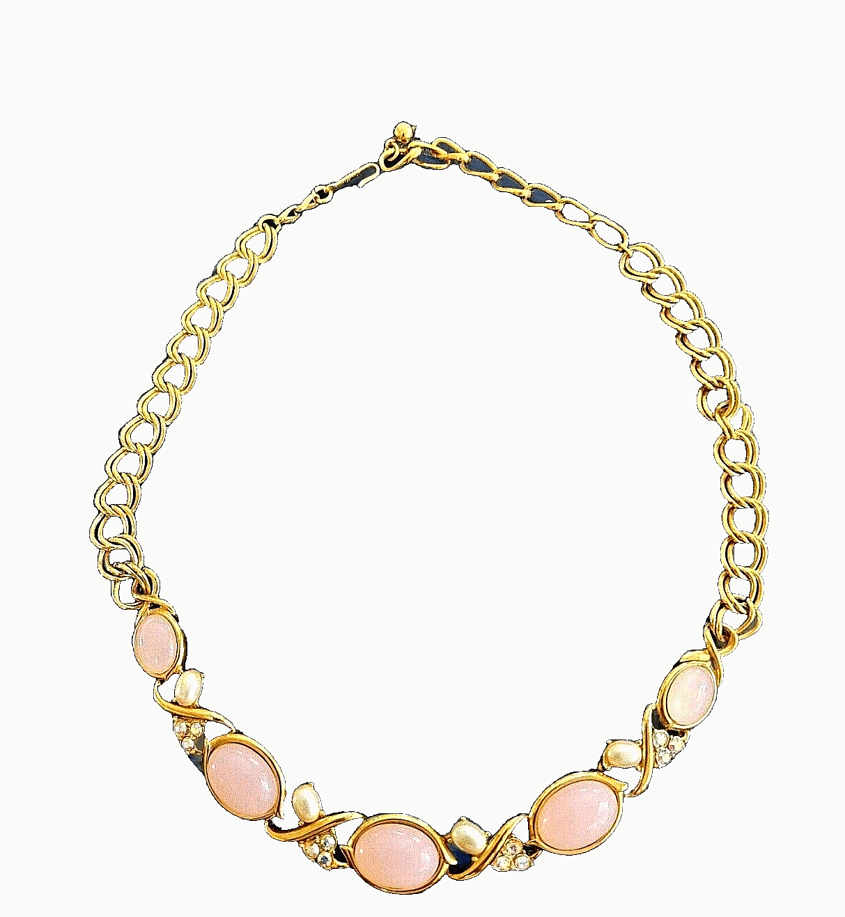 Trifari Vintage Cabochon Collar Necklace Pink AB Crystal Pearl Gold Signed - Thumbnail 3