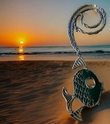 Vintage Women's Necklace Metal Chain Pisces Fish TURQUOISE Pendant Necklace - Thumbnail 3