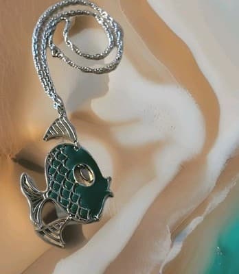 Vintage Women's Necklace Metal Chain Pisces Fish TURQUOISE Pendant Necklace - Thumbnail 2