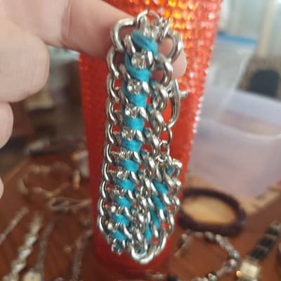 Teal Vintage 3Link Silver Chain Braclet With Crystal Acent Heavy Statement Rope - Thumbnail 5