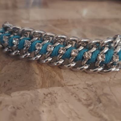 Teal Vintage 3Link Silver Chain Braclet With Crystal Acent Heavy Statement Rope - Thumbnail 2