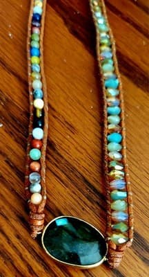 Vintage Handmade Jasper Leather Wrap 2 Braclets Crystal Turquoise Boho Beach - Thumbnail 9