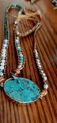 Vintage Handmade Jasper Leather Wrap 2 Braclets Crystal Turquoise Boho Beach - Thumbnail 11