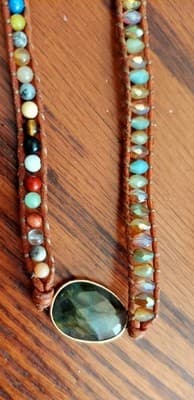 Vintage Handmade Jasper Leather Wrap 2 Braclets Crystal Turquoise Boho Beach - Thumbnail 7