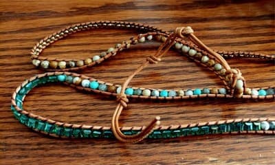 Vintage Handmade Jasper Leather Wrap 2 Braclets Crystal Turquoise Boho Beach - Thumbnail 10