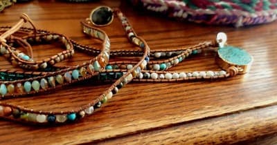 Vintage Handmade Jasper Leather Wrap 2 Braclets Crystal Turquoise Boho Beach - Thumbnail 6