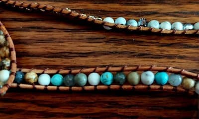 Vintage Handmade Jasper Leather Wrap 2 Braclets Crystal Turquoise Boho Beach - Thumbnail 2