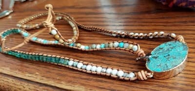 Vintage Handmade Jasper Leather Wrap 2 Braclets Crystal Turquoise Boho Beach - Thumbnail 8