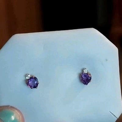 14 KGold Heart Shaped N Diamond Amythyst Stud Earrings - Thumbnail 3
