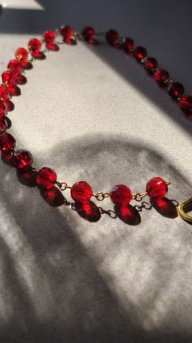 Antique HEAVY Faceted Ruby Red GLASS Beaded Necklace - 20" Long - Thumbnail 3