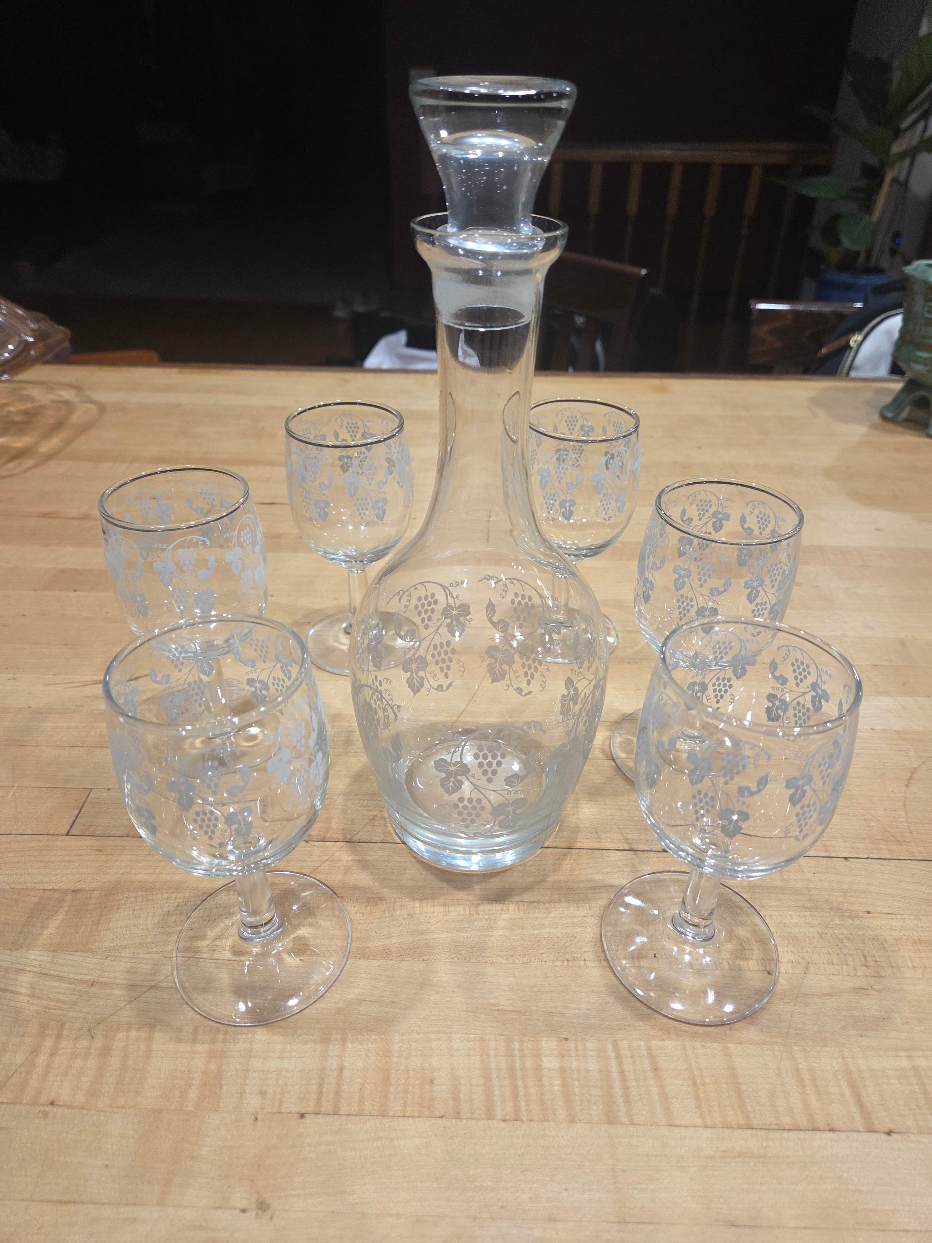 Vintage Etched Glass Wine Decanter Set with 6 Stemmed Goblet Glasses 7pc
