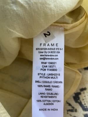 FRAME Off The Shoulder Puff Sleeve Billow Top 100% Ramie Yellow Python X-Small - Thumbnail 6