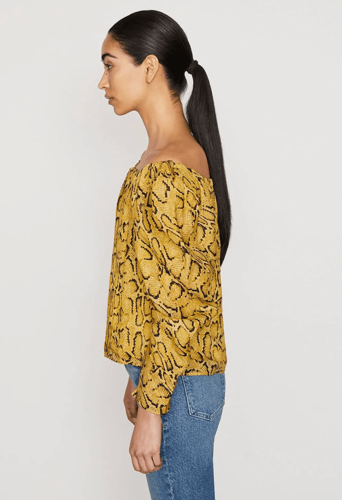 FRAME Off The Shoulder Puff Sleeve Billow Top 100% Ramie Yellow Python X-Small - Thumbnail 2