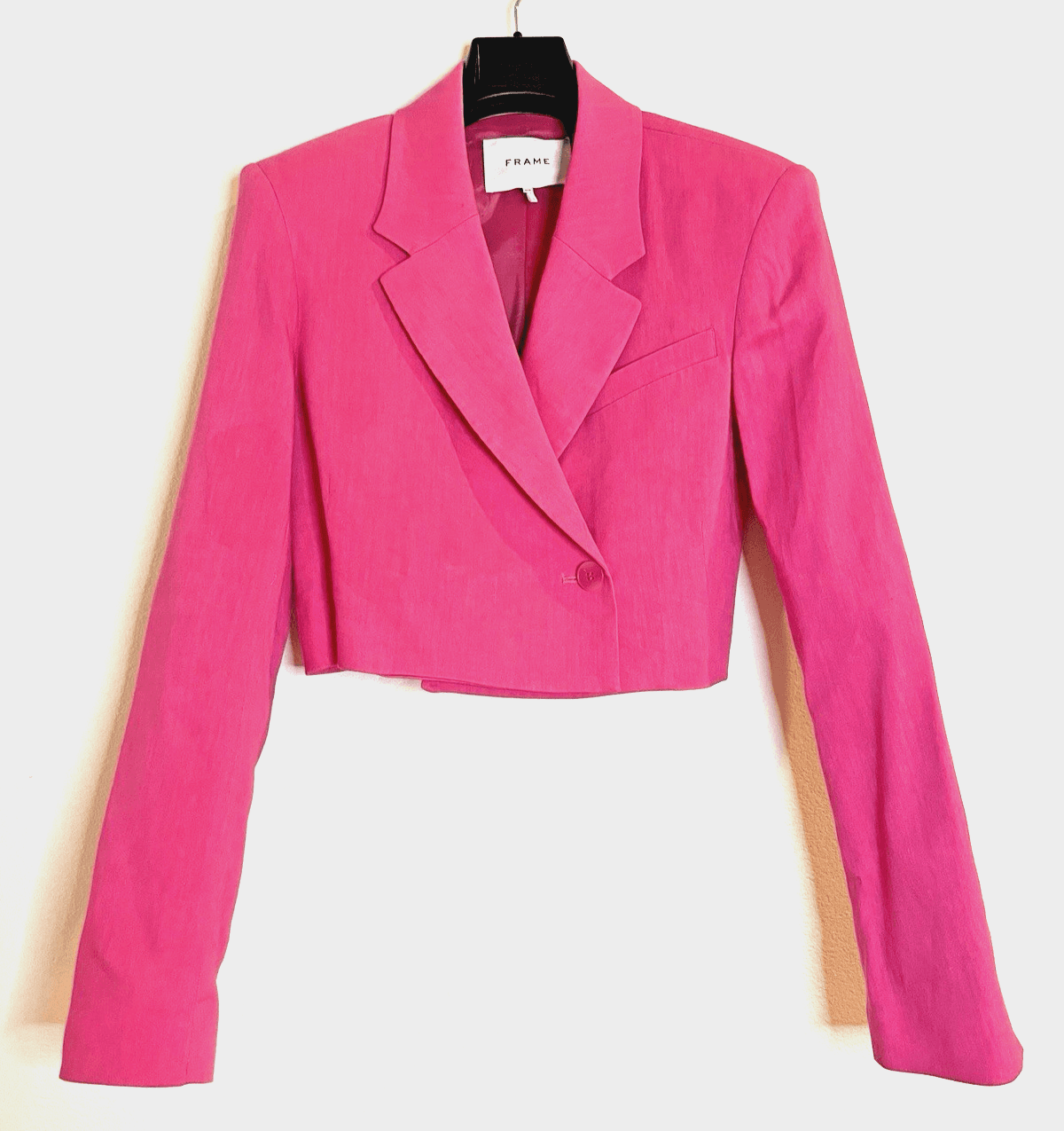 FRAME Women's Cropped Blazer X-Small Strong Shoulder Linen Blend Flamingo Pink - Thumbnail 4