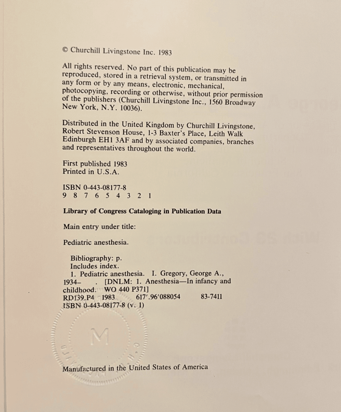 Pediatric Anesthesia Vol 2 1983 HC by George A. Gregory Medical Textbook - Thumbnail 3