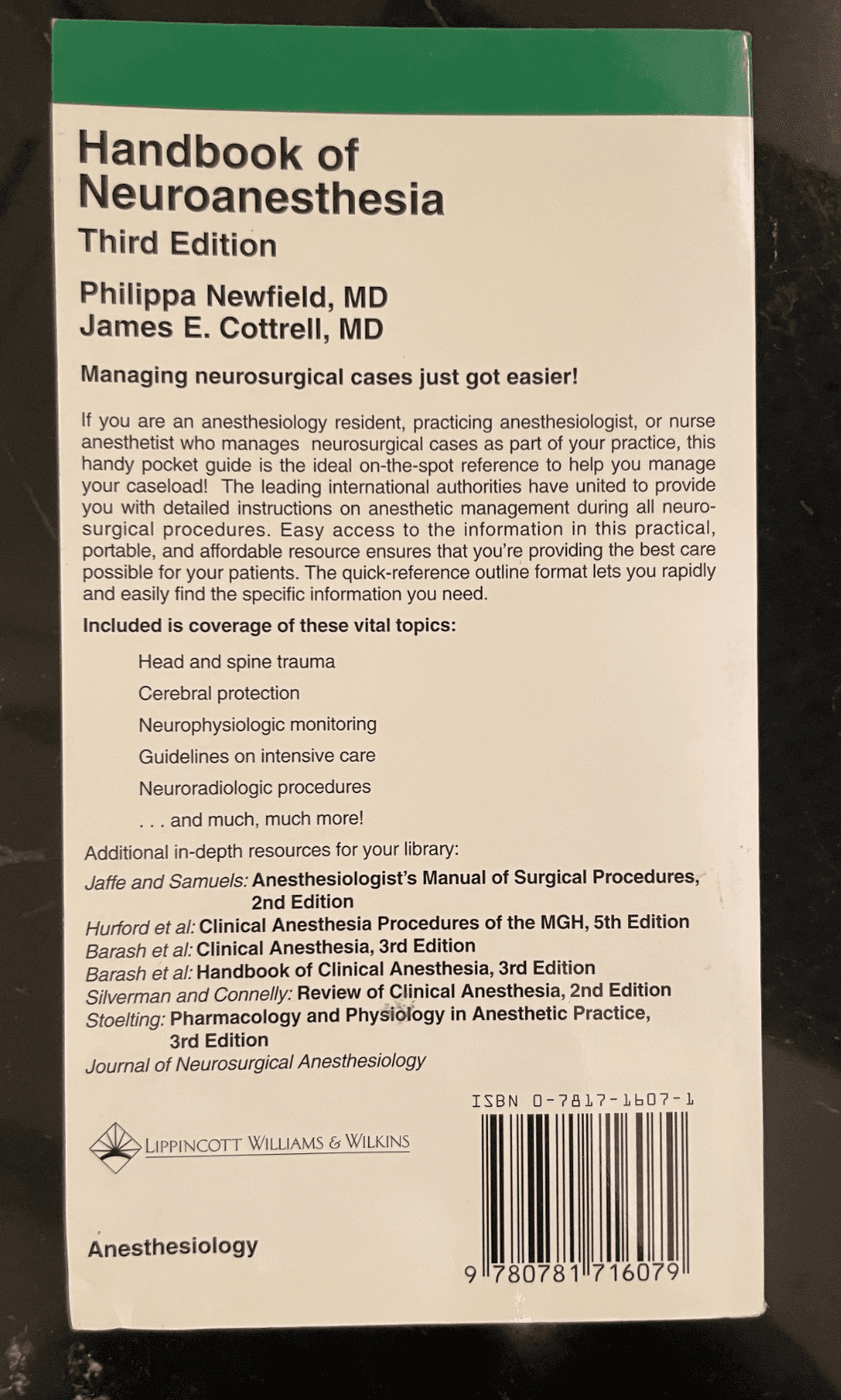 Handbook of Neuroanesthesia by Newfield & Cottrell (3rd Ed) - Good, Paperback - Thumbnail 2