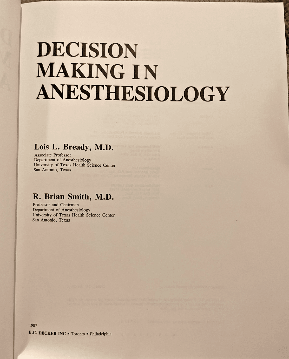 Decision Making in Anesthesiology by Bready/Smith, 1986, Hardcover, Medical Text - Thumbnail 2