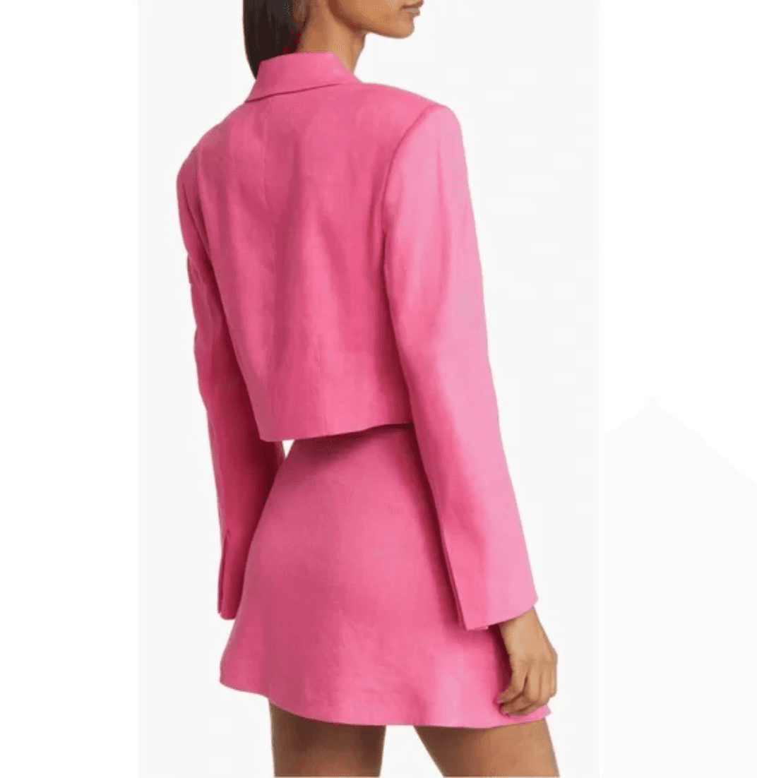 FRAME Women's Cropped Blazer X-Small Strong Shoulder Linen Blend Flamingo Pink - Thumbnail 2