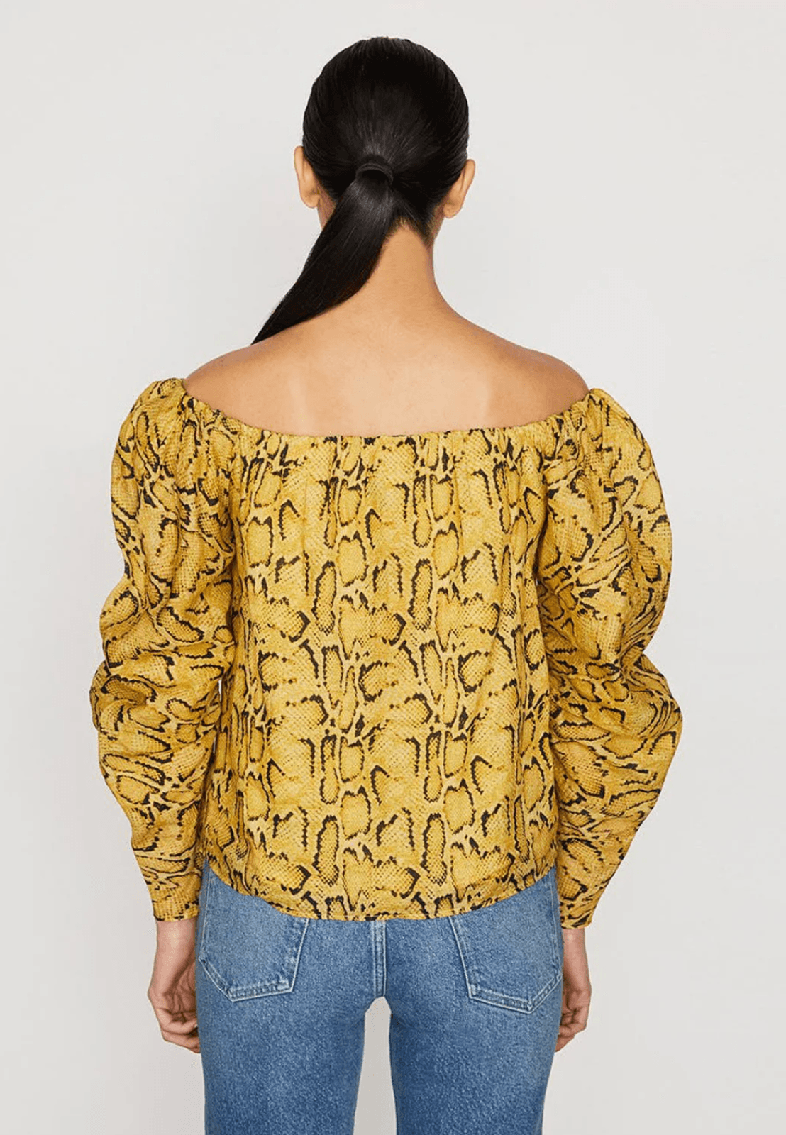 FRAME Off The Shoulder Puff Sleeve Billow Top 100% Ramie Yellow Python X-Small - Thumbnail 3