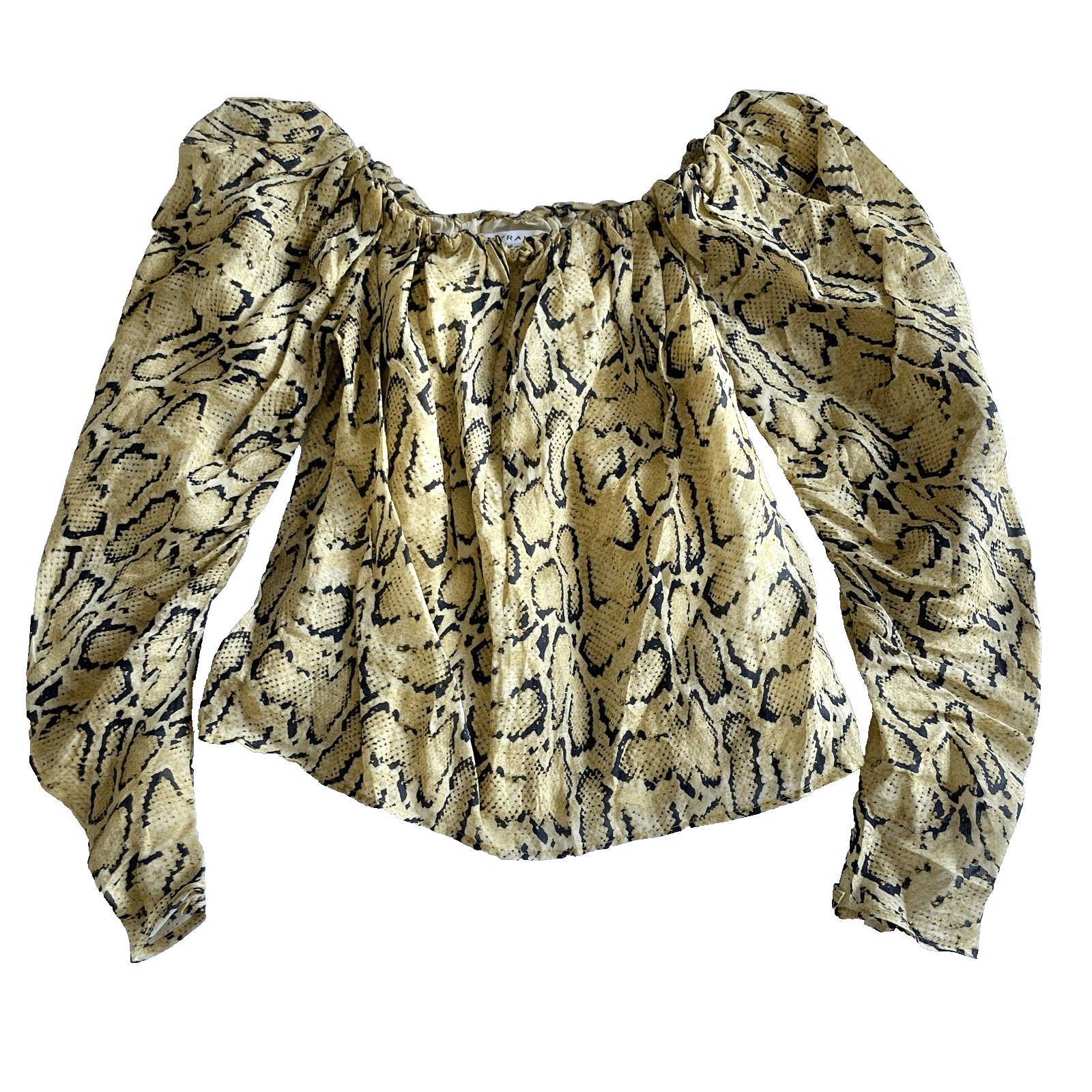 FRAME Off The Shoulder Puff Sleeve Billow Top 100% Ramie Yellow Python X-Small - Thumbnail 4