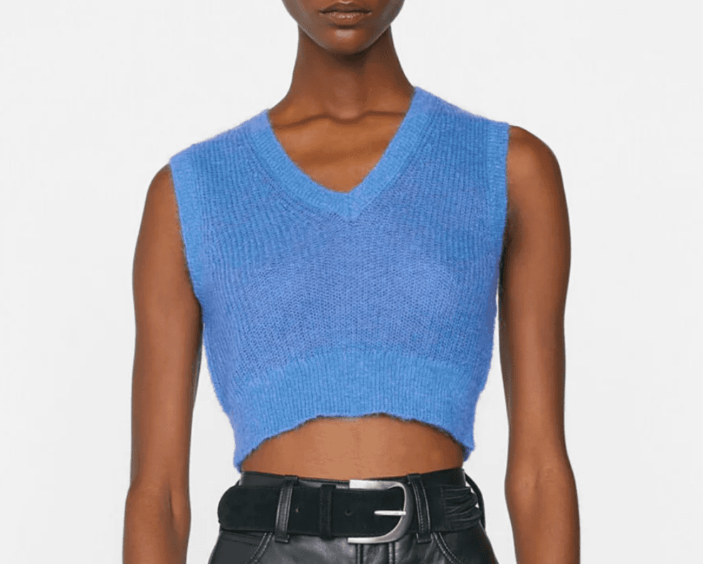 FRAME Sweater Top Small Shrunken Mohair Vest Blue Cropped Knit V-Neck Orig $255 - Thumbnail 7