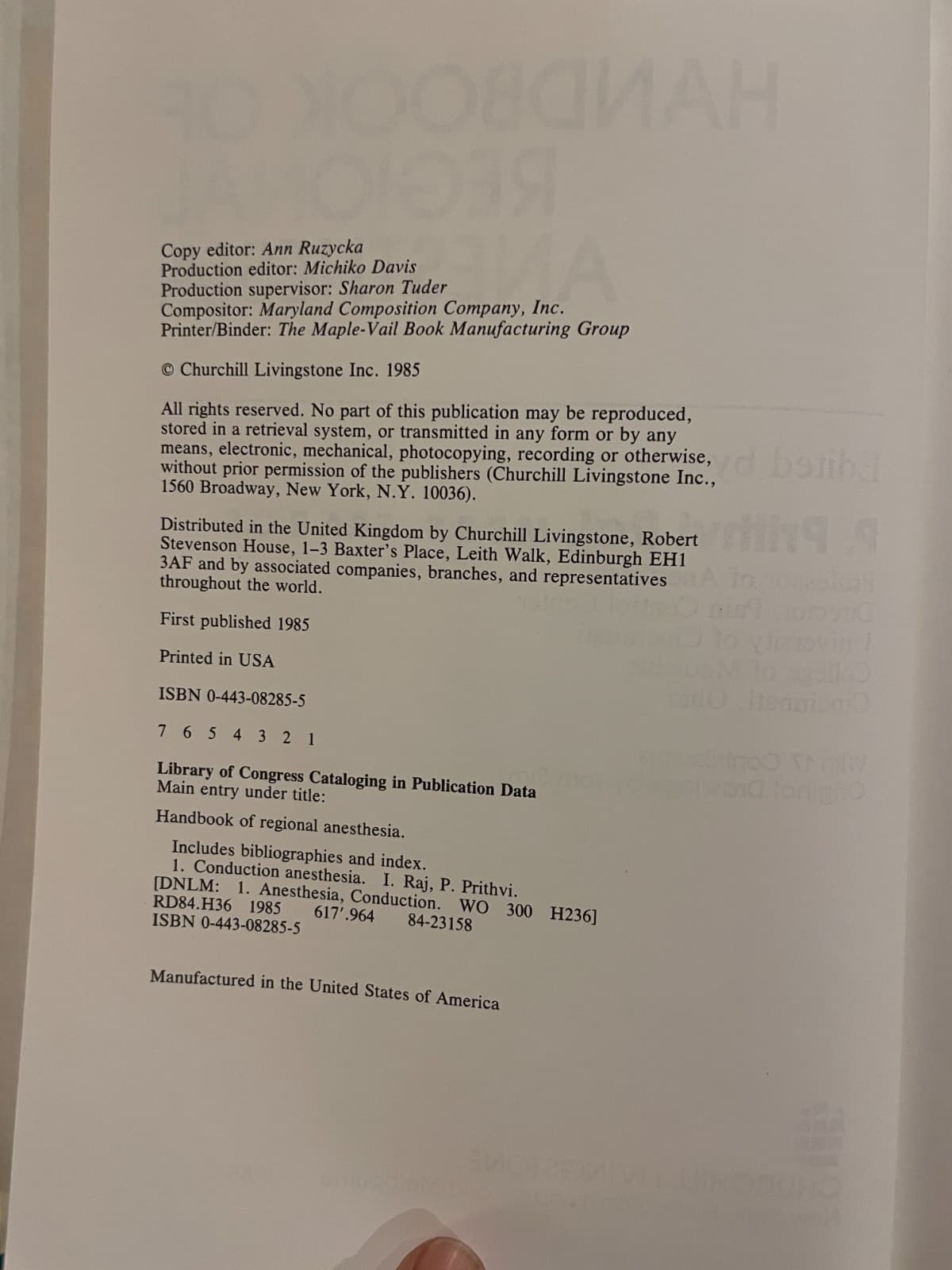 Handbook of Regional Anesthesia by P. Prithvi Raj, 1st Edition, Hardcover, 1985 - Thumbnail 4