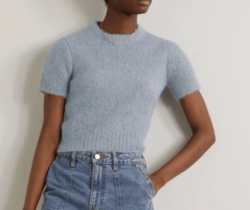 FRAME Women's Crewneck Sweater XS Fitted Short Sleeve Cropped Chambray Blue $395 - Thumbnail 2