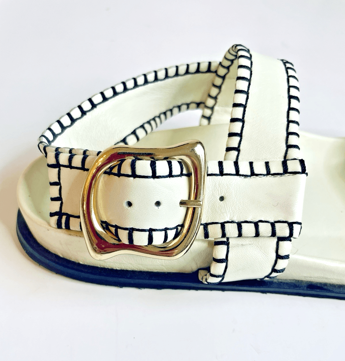FRAME Le Marcel Leather Whipstitch Sandals Off White Womens 8.5 Good Condition - Thumbnail 6