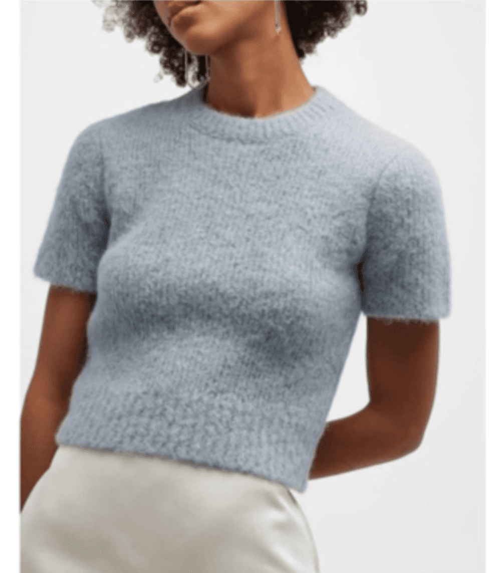 FRAME Women's Crewneck Sweater XS Fitted Short Sleeve Cropped Chambray Blue $395 - Thumbnail 3