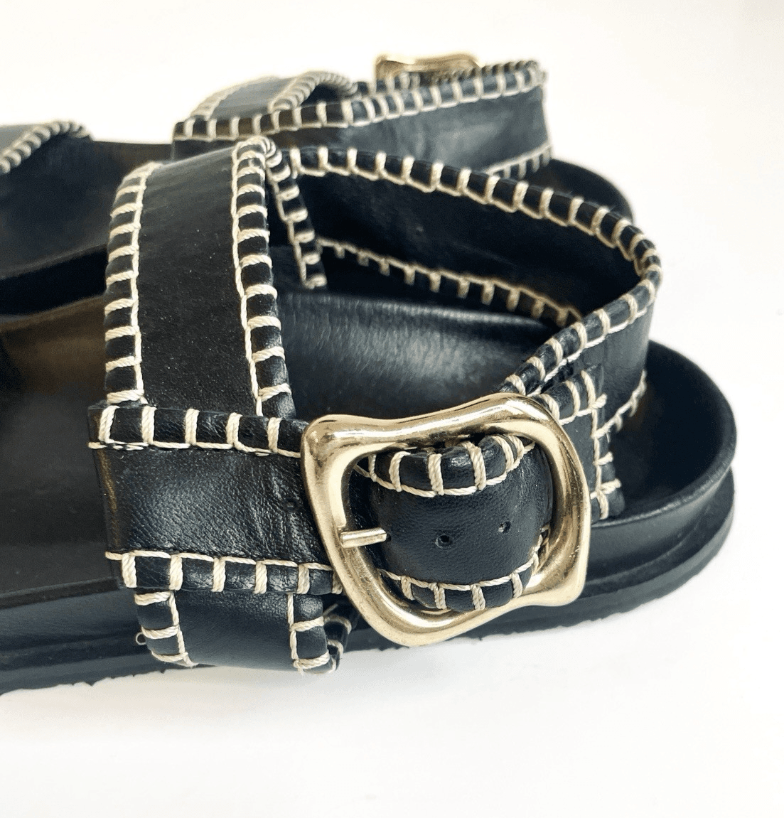 FRAME Leather Sandals Womens 8.5 Black Whipstitch Gold Buckle Good Condition - Thumbnail 6