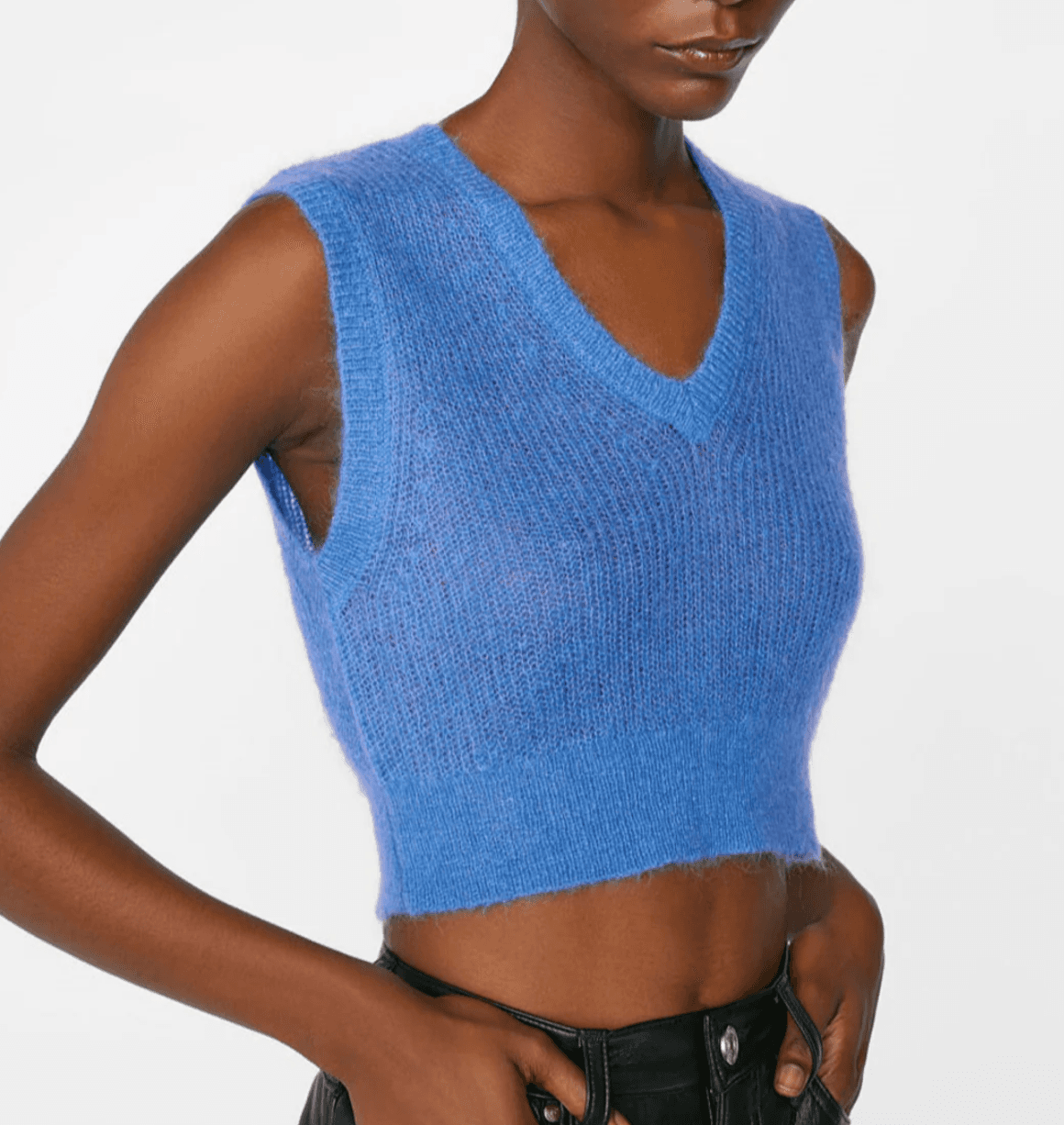 FRAME Sweater Top Small Shrunken Mohair Vest Blue Cropped Knit V-Neck Orig $255 - Thumbnail 8