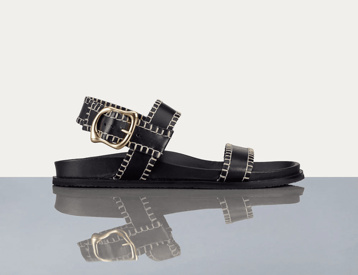 FRAME Leather Sandals Womens 8.5 Black Whipstitch Gold Buckle Good Condition - Thumbnail 3