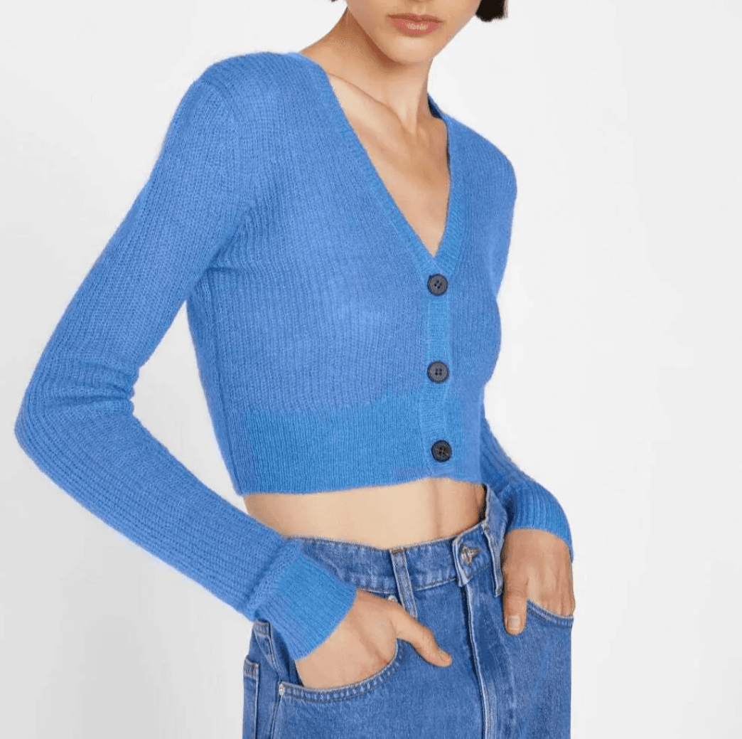 FRAME Women's Cardigan XS Blue Shrunken Mohair Cropped V-Neck Orig $298 Designer - Thumbnail 9