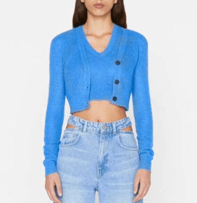 FRAME Sweater Top Small Shrunken Mohair Vest Blue Cropped Knit V-Neck Orig $255 - Thumbnail 10