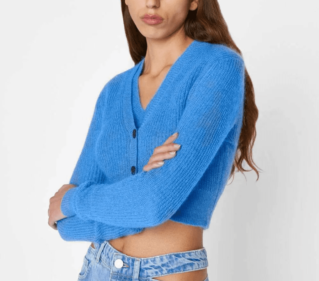 FRAME Women's Cardigan XS Blue Shrunken Mohair Cropped V-Neck Orig $298 Designer - Thumbnail 12