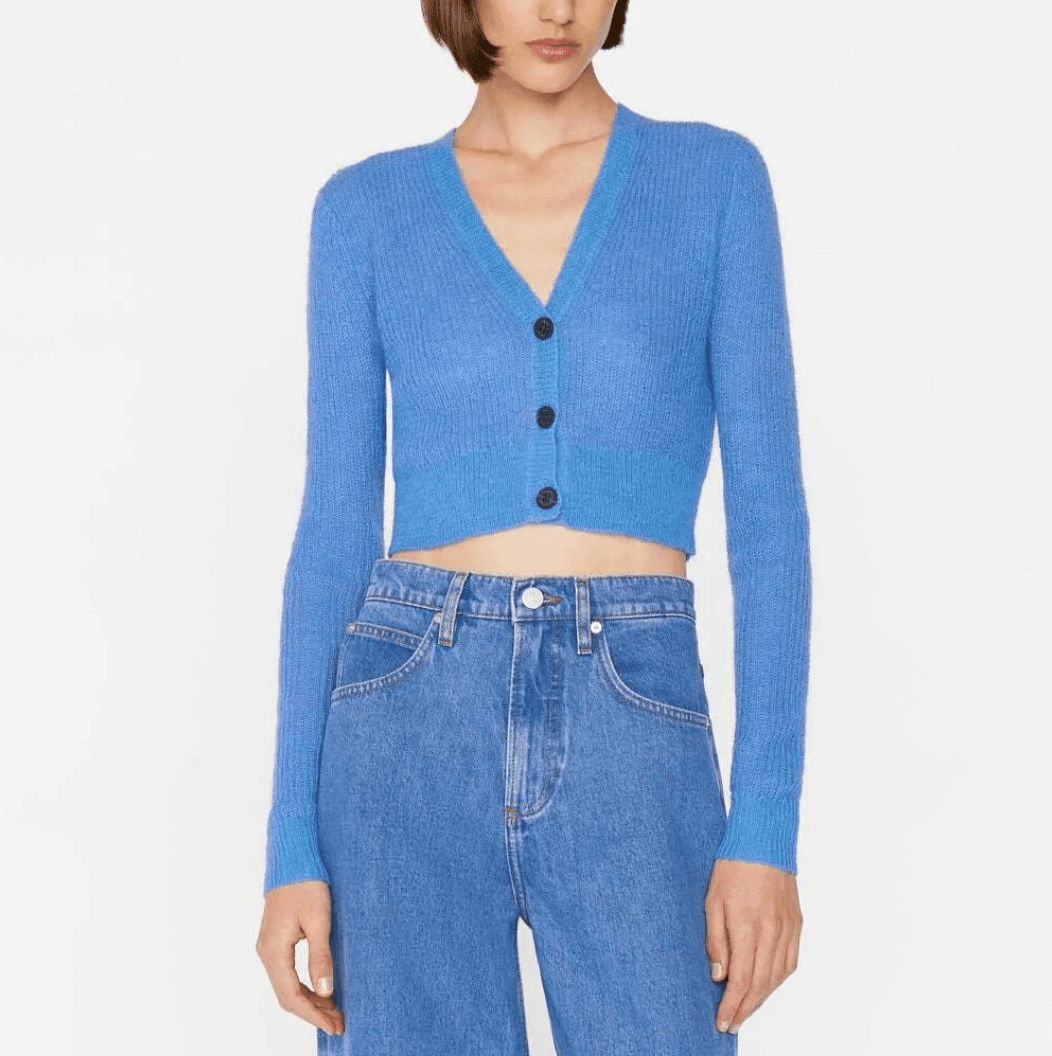 FRAME Women's Cardigan XS Blue Shrunken Mohair Cropped V-Neck Orig $298 Designer - Thumbnail 8