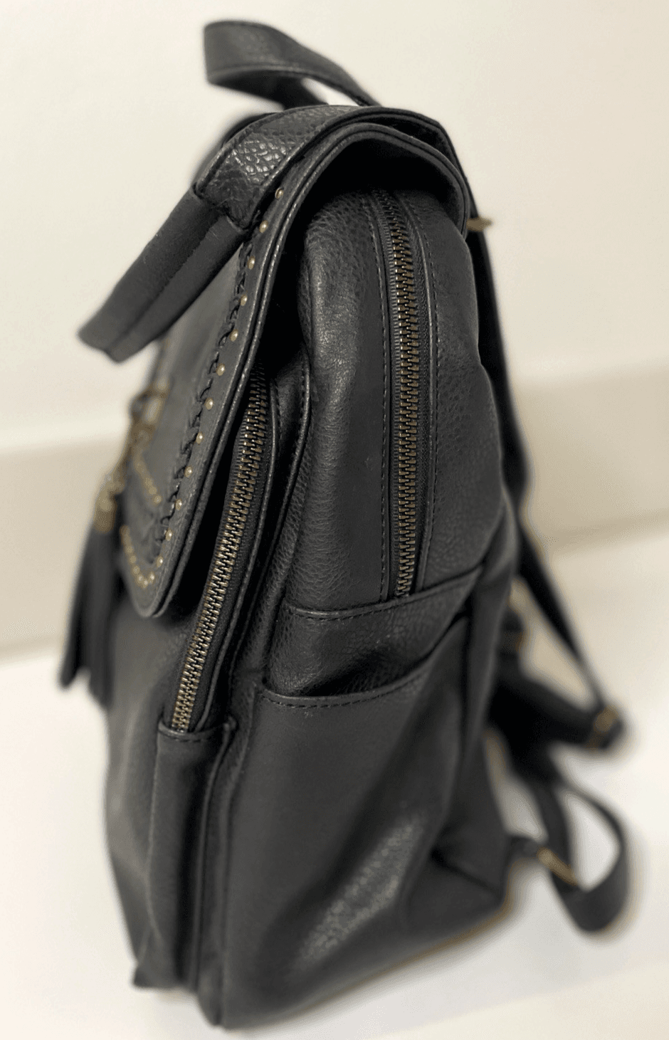 Small Backpack Women's Studded Vegan Leather Fringe Adjustable Straps Handles - Thumbnail 10