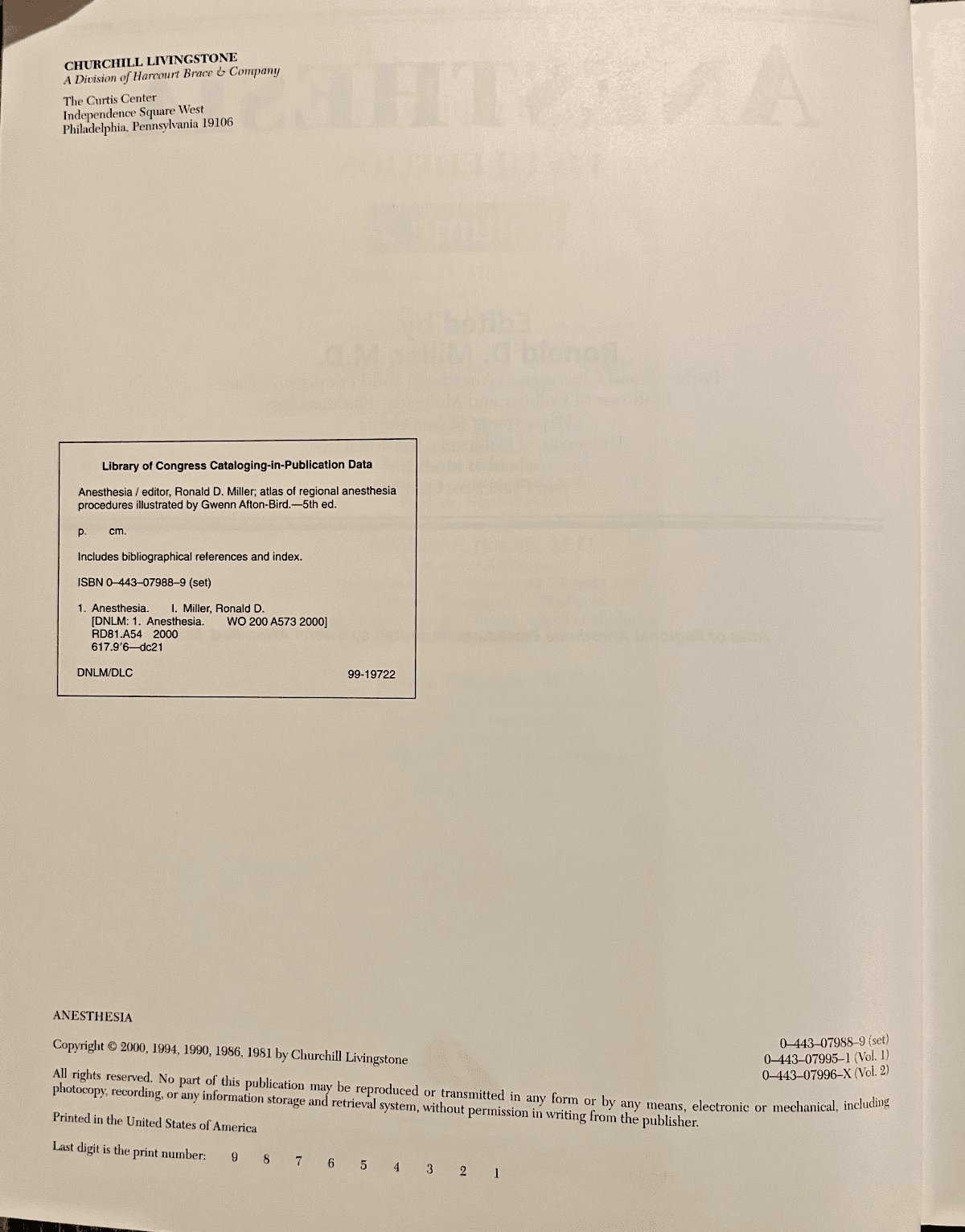 Anesthesia: Volume 2 of 2 Set, by Miller, 5th Ed., Hardcover, Medical Textbook - Thumbnail 3